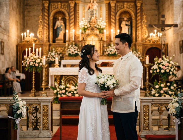 Filipino couple in semi-formal attire standing near the altar inside a softly lit Catholic church in the Philippines, woman in white dress and man in barong Tagalog with floral arrangements and candlelight in the background