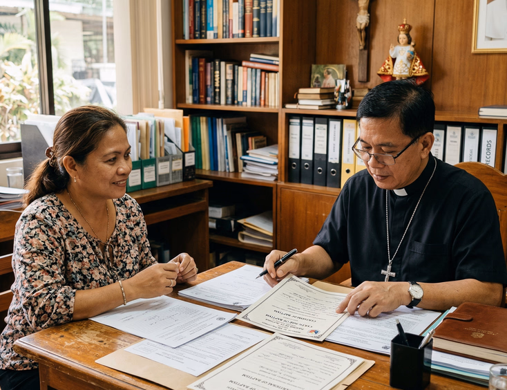 Filipino woman sitting across a wooden desk from a Catholic priest in a parish office in the Philippines, reviewing baptismal certificates and wedding documents under warm indoor lighting