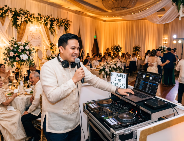 Filipino wedding DJ-emcee holding a microphone while reaching back to manage the DJ console during an indoor Filipino wedding reception