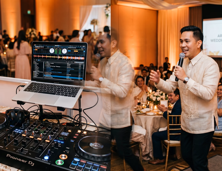 Split composition of a Filipino DJ-emcee multitasking between an unattended DJ console and addressing seated wedding guests with a microphone at a reception