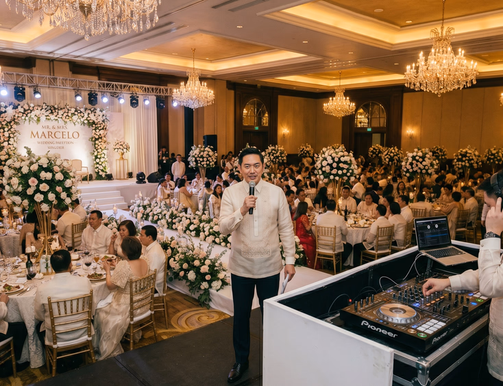 Filipino wedding emcee addressing over 200 guests on stage while a separate DJ works the console at a grand hotel ballroom wedding reception in the Philippines