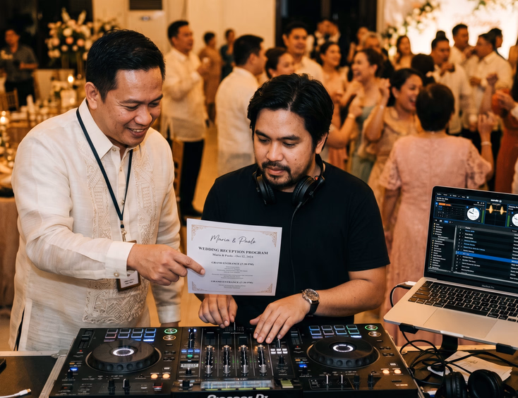 Behind-the-scenes candid of a Filipino wedding emcee and DJ collaborating over a printed wedding program at the DJ console during a reception