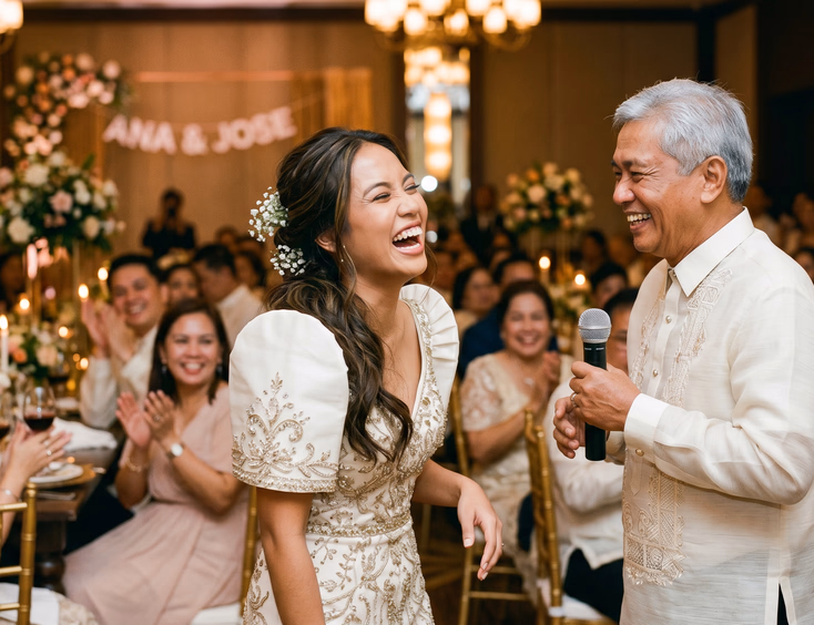 Candid moment of a Filipino bride laughing with her father during his wedding reception speech inside a Manila hotel ballroom with warm chandelier lighting
