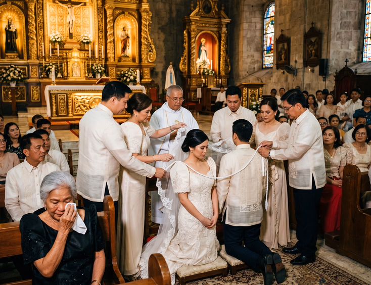 Wide candid shot of a Filipino family during the cord and veil ceremony inside a Spanish-era Catholic church in Cebu with ninongs ninangs and a lola wiping tears in the front pew