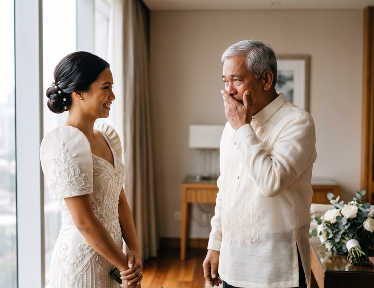 Intimate candid moment of a Filipino father seeing his daughter in her wedding gown for the first time inside a Manila hotel suite with soft natural window light