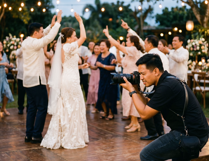 Filipino wedding photographer crouched at the edge of a reception dance floor capturing a bride groom and guests celebrating at a Tagaytay garden venue