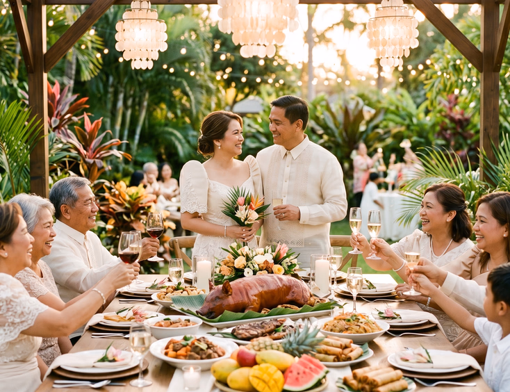 Filipino couple in modern Filipiniana at a vow renewal reception with a traditional lechon feast table.