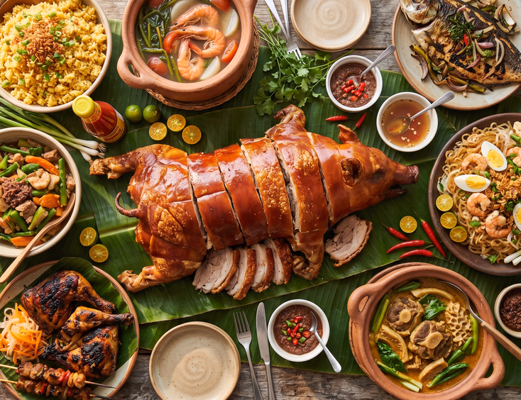 Flat-lay of a traditional Filipino salu-salo feast with roasted lechon, kare-kare, and local dishes.