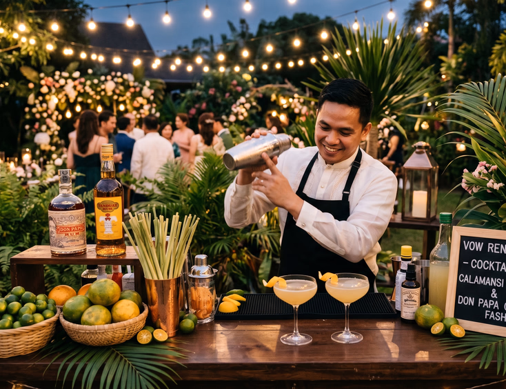 Outdoor mobile bar at a Filipino wedding venue with local rum cocktails and a bartender in a barong.