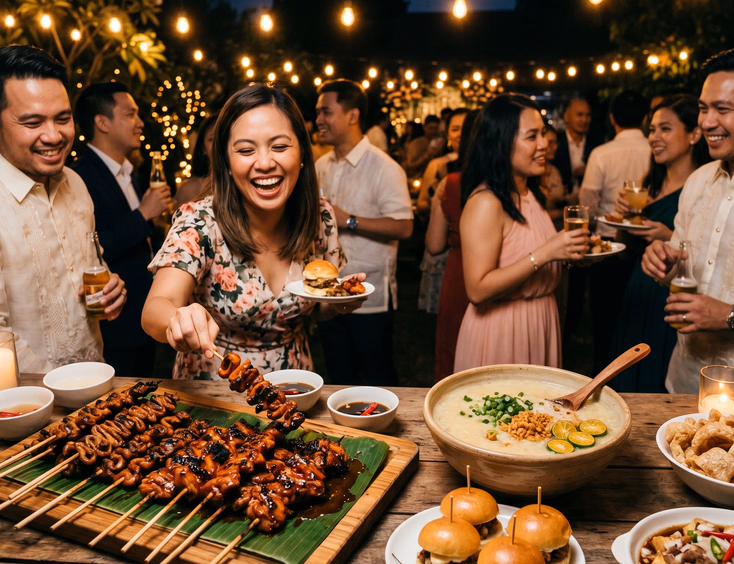Late-night Filipino vow renewal food station featuring grilled skewers, arroz caldo, and sisig sliders.
