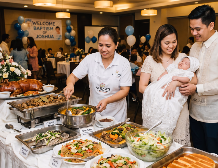 Filipino baptism buffet featuring lechon and adobo, as a caterer adjusts the table near parents holding a baby in a christening gown.