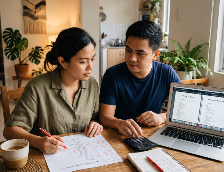 A young Filipino couple reviews catering package quotes on a laptop and paper, planning the food budget for their baby's baptism reception.