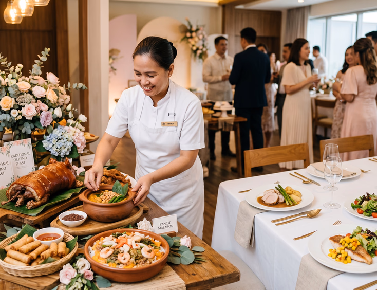 Traditional and modern Filipino baptism catering menu options with lechon, kare-kare, and plated dishes arranged by a professional caterer.