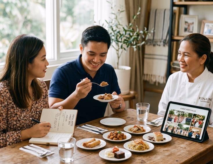 A Filipino couple samples traditional dishes during a food tasting session with a professional caterer for an upcoming baptism reception.