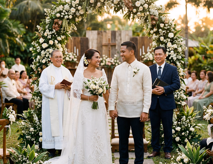 Filipino Catholic and Born Again Christian couple at an outdoor garden wedding in the Philippines, bride in embroidered white gown with sampaguita flowers and groom in cream barong tagalog, Catholic priest and Born Again pastor officiating at floral arch altar