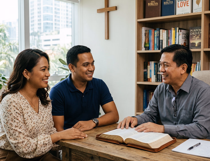 Filipino Born Again Christian couple meeting with a pastor in a modern evangelical church office in the Philippines, open Bible on wooden desk with simple cross and bookshelves in background