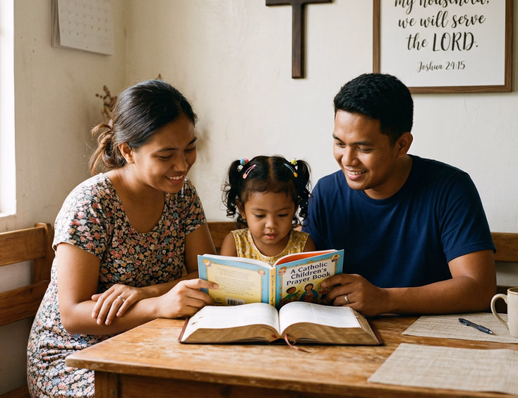 Young Filipino couple reading an open Bible and children's Catholic prayer book together at a dining table with their young child, small wooden cross and framed Bible verse on wall in background