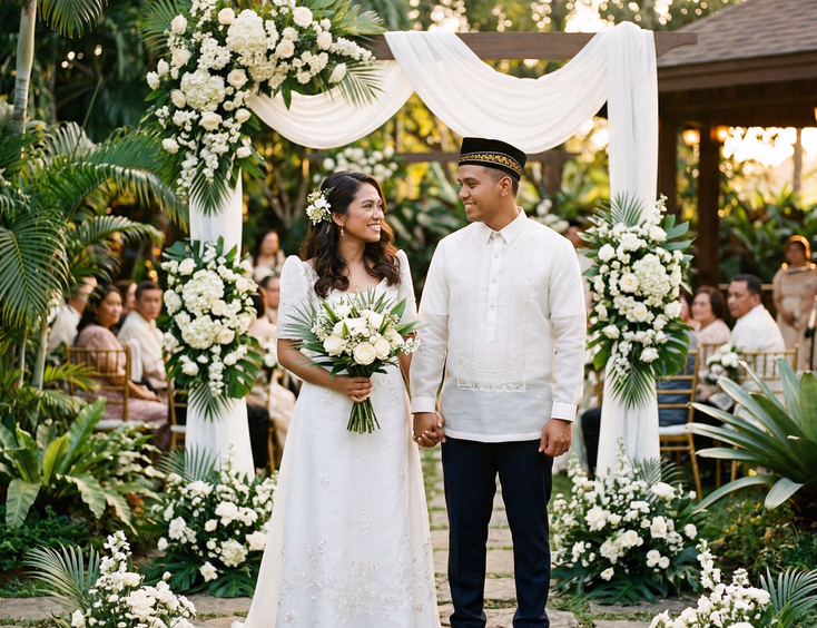 Filipino Catholic and Muslim couple at an outdoor garden wedding ceremony in the Philippines, bride in white gown with sampaguita flowers and groom in barong tagalog and songkok, tropical floral backdrop