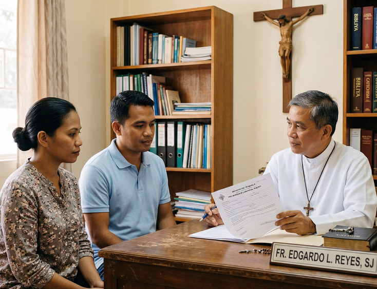 Filipino Catholic woman and man meeting with a priest in a parish office, discussing wedding documents at a wooden desk with crucifix and religious bookshelves in background