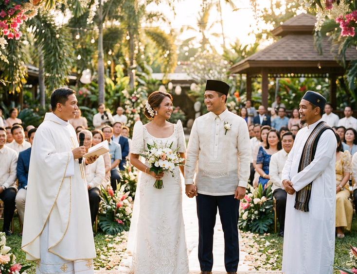 Interfaith Filipino wedding ceremony at an outdoor garden venue with Catholic priest and Muslim imam officiating, bride in embroidered white gown and groom in barong tagalog and songkok at a floral arch altar