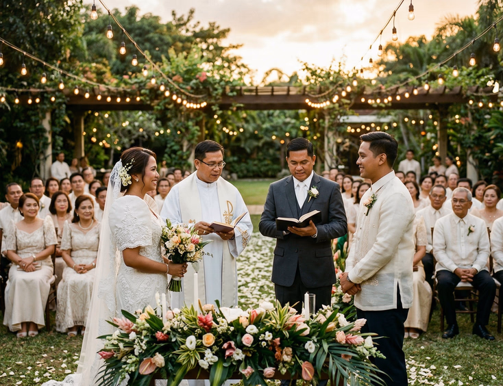 Filipino Catholic priest and Protestant minister co-officiating an outdoor garden wedding ceremony in the Philippines, bride in embroidered white gown and groom in cream barong tagalog at floral altar with guests seated under string lights