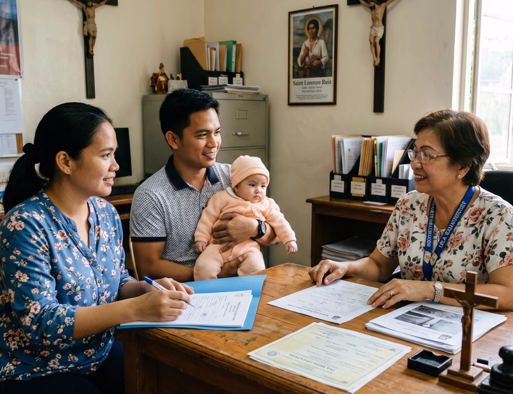 Filipino couple submitting baptism requirements to a church parish secretary.