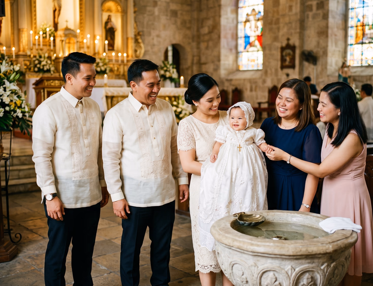 Filipino godparents and parents gathered around a baby at a church baptismal font.