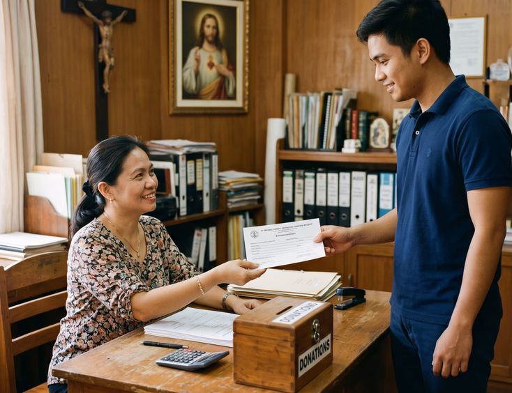Filipino parish secretary handing a baptism donation receipt to a father.