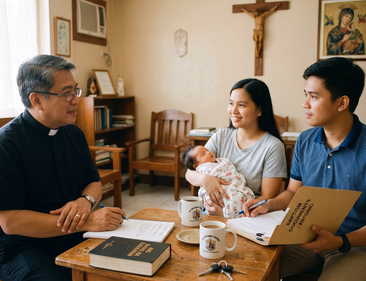 Filipino priest conducting a pre-baptism seminar with a young couple and their baby.
