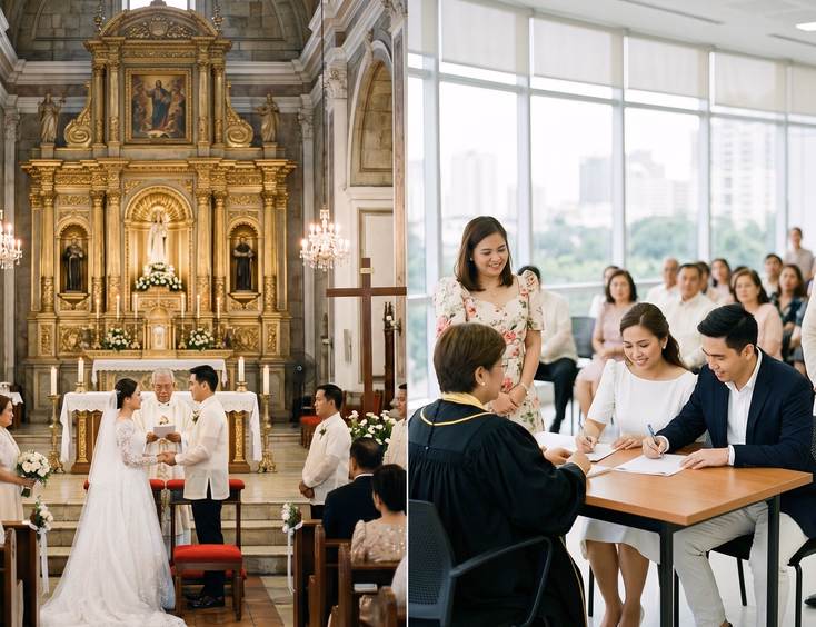 Side-by-side comparison of a Filipino Catholic church wedding and a civil ceremony at Manila city hall