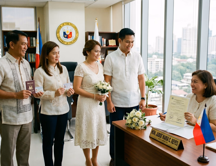 Filipino couple with a judge and witnesses signing a marriage contract at a bright Metro Manila city hall civil ceremony