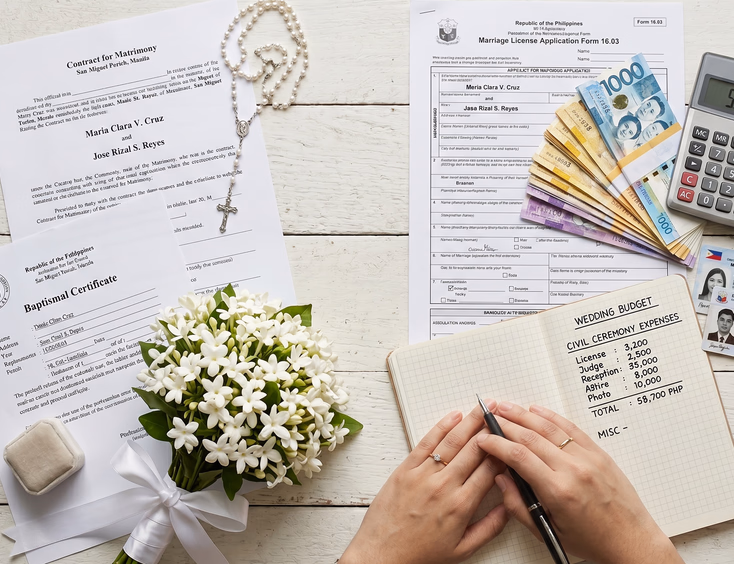 Flat-lay of Filipino Catholic church wedding and civil ceremony documents with budget planning materials on a white wooden table