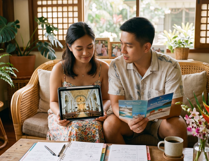Filipino couple at home comparing Catholic church and civil beach wedding venue options while reviewing planners and brochures