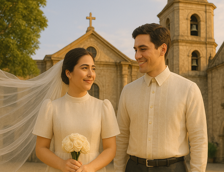 Young Filipino couple outside a Catholic church bride in a modest modern terno with soft butterfly sleeves groom in a barong gentle afternoon light