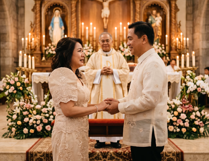 Emotional Filipino couple in traditional attire exchanging renewed vows at a candlelit Catholic church altar.