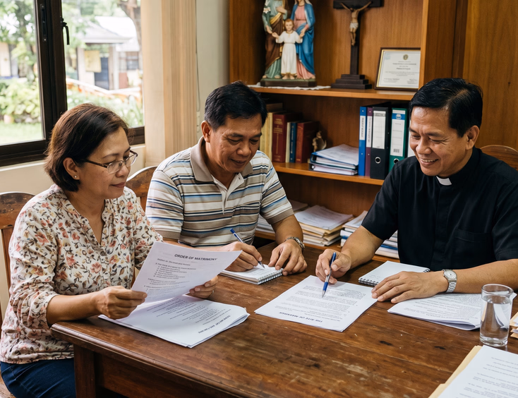 Filipino couple in their 50s reviewing a ceremony script with a parish priest in a church office.