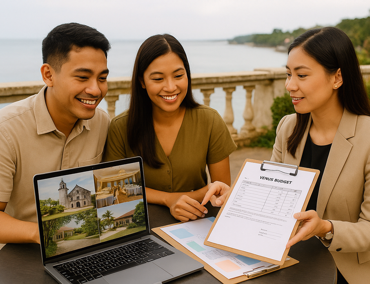Young Filipino couple touring Cebu venues from heritage church to resort ballroom while reviewing a budget sheet with a planner