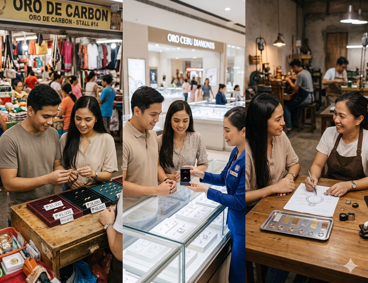 A wide editorial composition showing a Cebuano couple across three distinct Cebu City jewelry buying environments. On the left, in casual clothes, they examine a plain gold wedding band at an open-frontage Carbon Market stall with velvet ring trays and handwritten price cards against a busy public market background. In the center, dressed smart casual, they stand at a polished glass counter inside SM City Cebu as a uniformed sales associate presents a ring box. On the right, the woman sits across from a Filipino female jeweler at a wooden consultation desk in a small independent Cebu workshop with a design sketch and metal swatch tray between them.