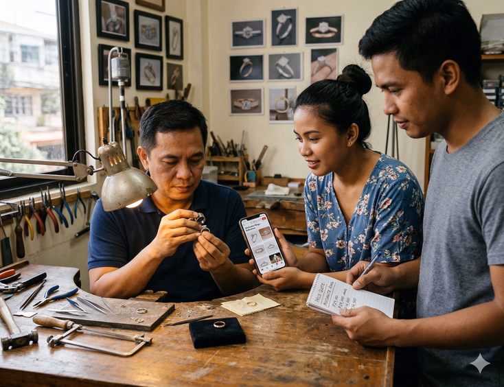 Inside a small independent jewelry workshop in Cebu City, a Cebuano jeweler in his mid-40s holds a moissanite solitaire ring in progress up toward a workshop lamp to examine the stone setting closely, a finished plain 18K yellow gold band resting on a velvet pad before him. Across the workbench, a Cebuano couple leans forward together — the woman holds her phone showing a Pinterest ring reference image toward the jeweler while her partner reads a handwritten price quote on a notepad. Framed photos of previous custom ring work line the workshop walls.