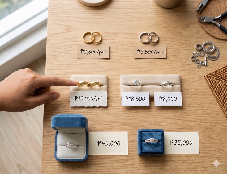 A flat lay of three horizontal rows of wedding rings on a light wooden surface inside a Cebu City jewelry shop, each row representing a different buying channel. The top row shows two plain gold bands with budget-range handwritten price cards representing Carbon Market pricing. The middle row displays a plain gold couple set and a moissanite solitaire at mid-range prices representing independent jeweler pricing. The bottom row features a natural diamond solitaire and matching couple set in elegant ring boxes at premium prices representing mall retail pricing. A Filipino woman's hand enters from the left, pointing to the middle row moissanite ring.