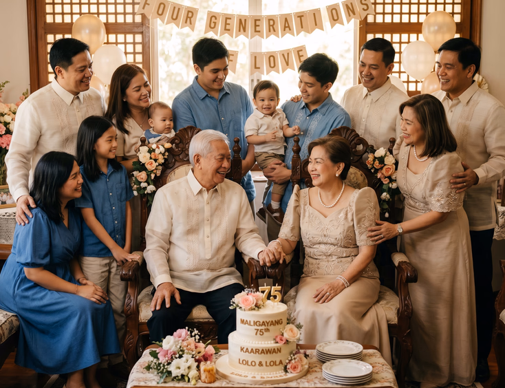 Elderly Filipino lolo and lola celebrate with four generations of family around a tiered cake in a sunlit home with capiz windows.