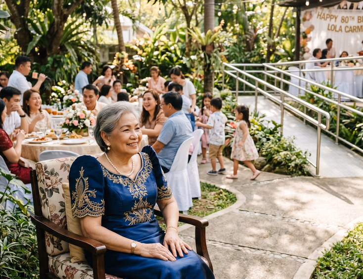 Elderly Filipina lola in an elegant terno sits in a garden venue during a sunlit daytime family celebration with accessible pathways.