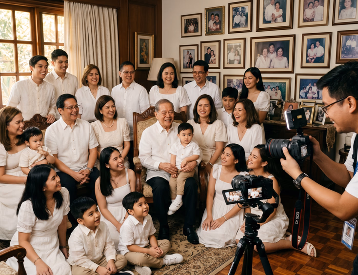 A Filipino family with four generations in white attire poses for a portrait taken by a photographer in a warm living room.