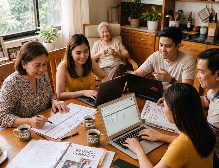 A Filipino family collaborates on event planning at a kitchen table with laptops and timelines, while an elderly lola watches.