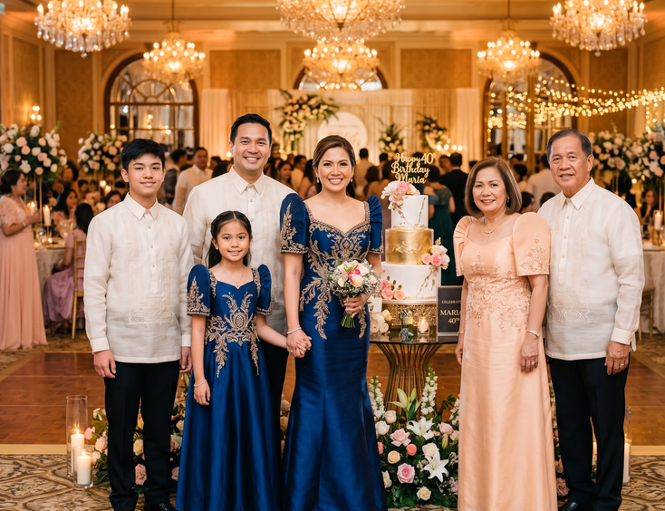 Filipino family celebrates a 40th birthday in a hotel ballroom with a three-tier cake, featuring a Filipina in a terno gown.