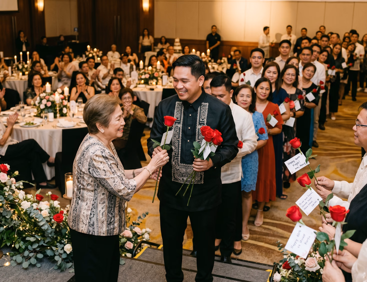 Filipino man in a black barong tagalog receives 40 roses from guests on stage during an emotional 40th birthday ceremony in a ballroom.