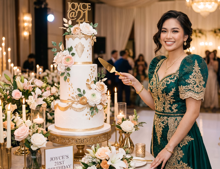 A stunning white and gold three-tier custom birthday cake with floral details is cut by a Filipina in a formal gown at her celebration.