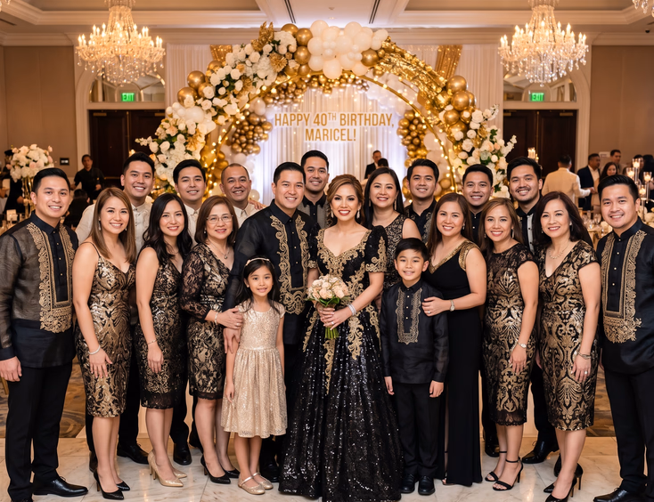 Group photo of a Filipino family in black and gold formal attire celebrating a 40th birthday with a sequined gown-wearing celebrant.