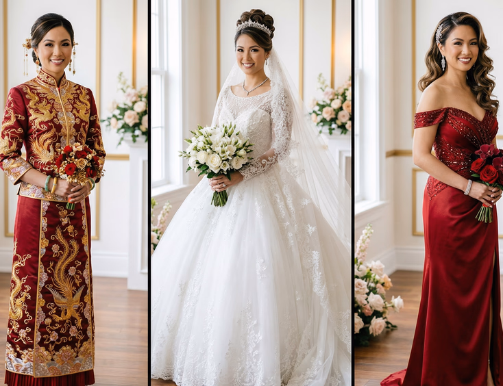 Filipino Chinese bride in wedding day triptych showing red embroidered qipao on left white ballgown in center and deep red formal evening gown on right with different hair and accessories in editorial bridal fashion photography