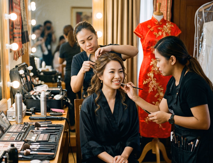 Behind-the-scenes candid of Filipino Chinese bride transitioning between wedding looks in Philippine hotel bridal suite with makeup artist refreshing lip color and hair stylist loosening updo while red qipao and white wedding gown visible in background